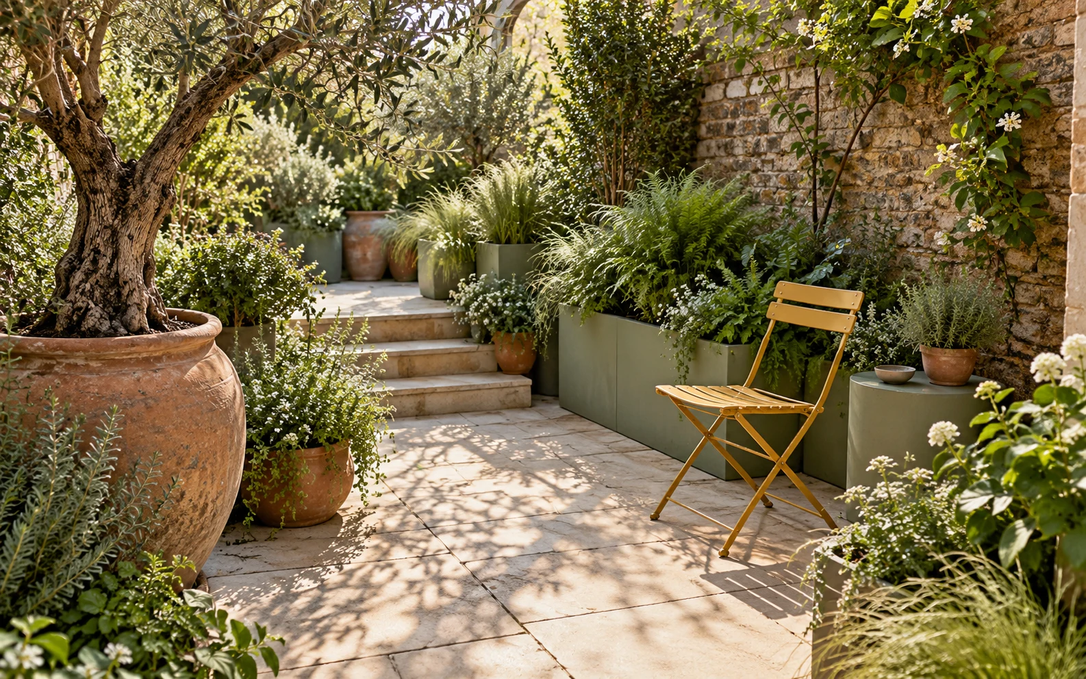 Illustrative city terrace with layered planting, terracotta pots and a yellow chair